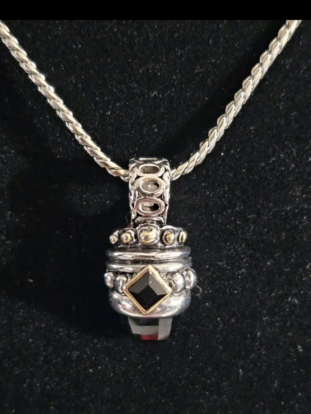 Black Onyx Pendant Necklace Silver-Tone Rope Chain Gold Accent Statement